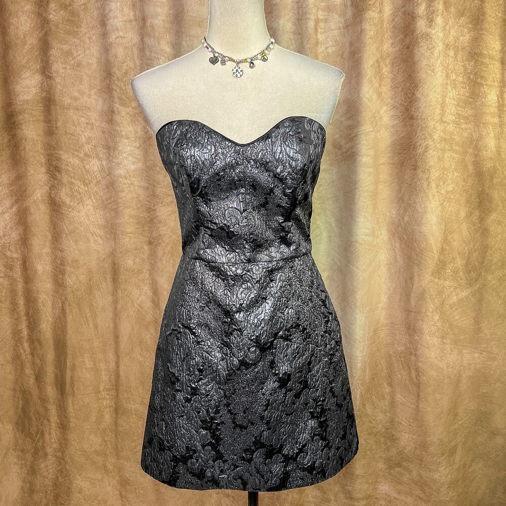 Y2K Metallic Mini Dress Floral Jacquard Strapless Fitted Gray Black Party Indie